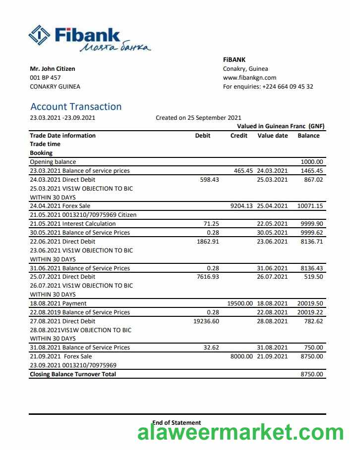 Guinea Fibank bank statement template in .xls and .pdf file format